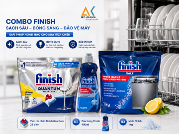 Combo Finish Quantum 21 Viên + Muối Finish 1Kg + Dầu Bóng Finish 400ml – Bộ Giải Pháp Toàn Diện Cho Máy Rửa Chén